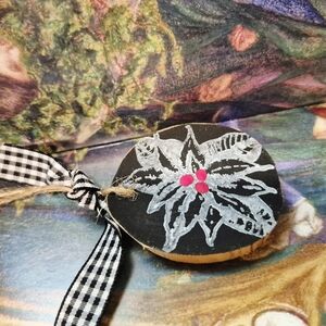 Handcrafted  Wooden Round Christams  Ornament with Black and White Design